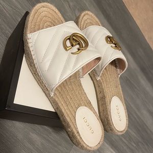 Gucci sandals- White leather GG symbol Espadrille slides. Gently used 2 times.